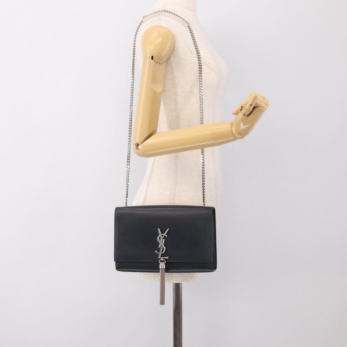 Saint Laurent Kate Chain Shoulder Bag Leather Navy Silver Auth 210824V