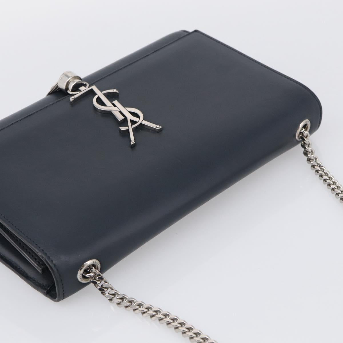 Saint Laurent Kate Chain Shoulder Bag Leather Navy Silver Auth 210824V
