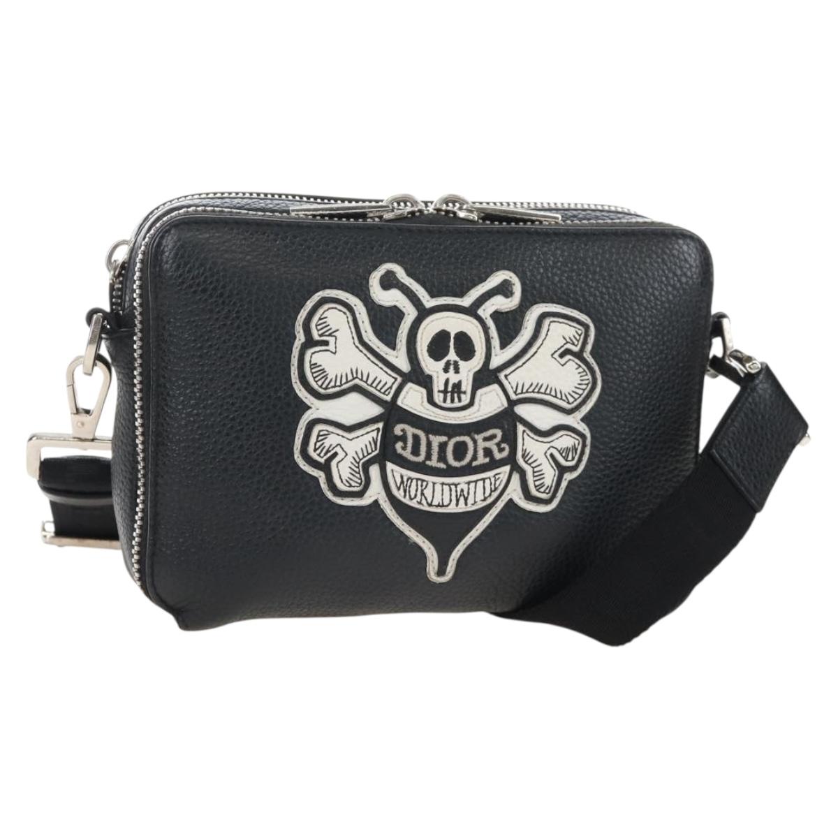 Christian Dior Shoulder Bag Leather Shawn Stussy Black Silver Auth 210852M