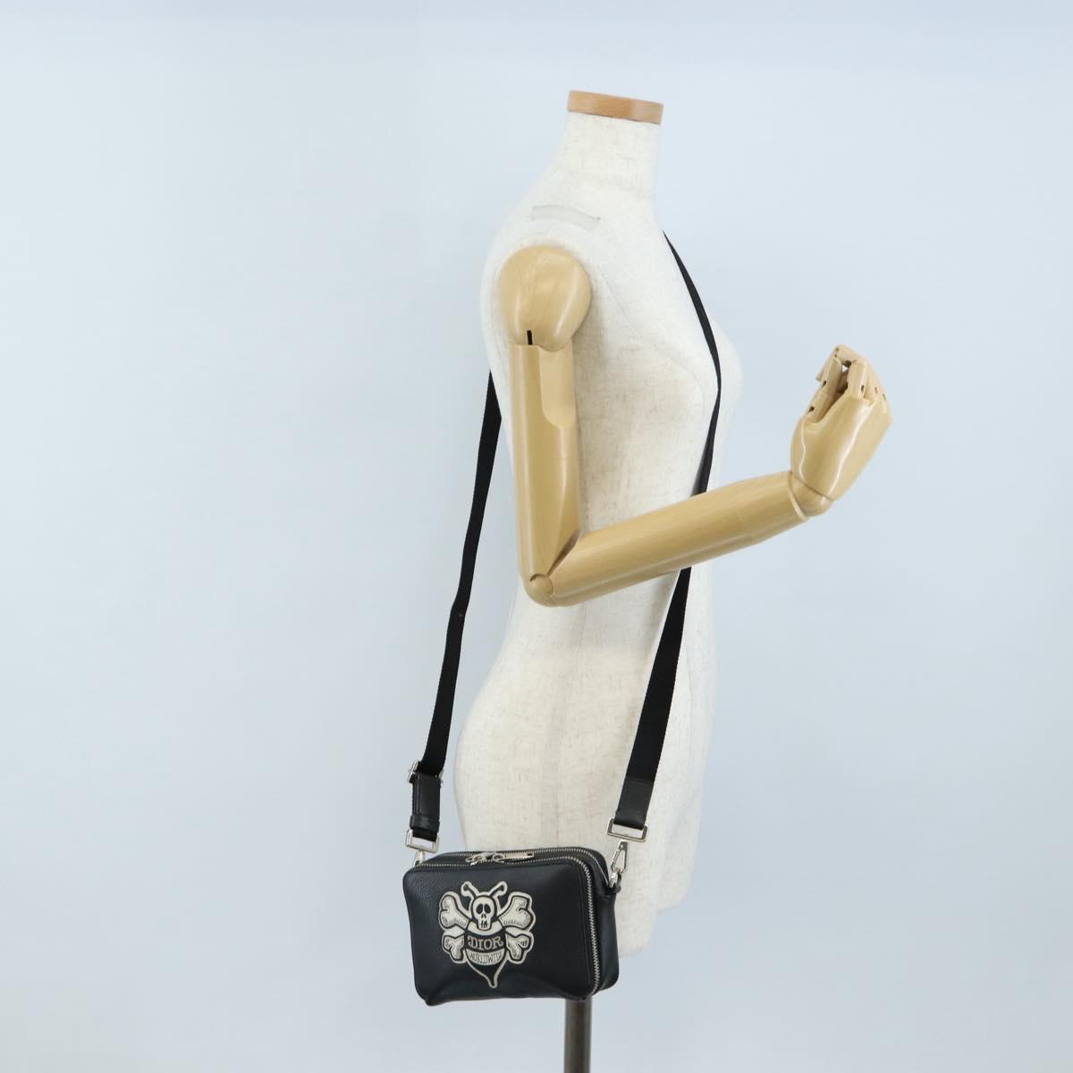 Christian Dior Shoulder Bag Leather Shawn Stussy Black Silver Auth 210852M