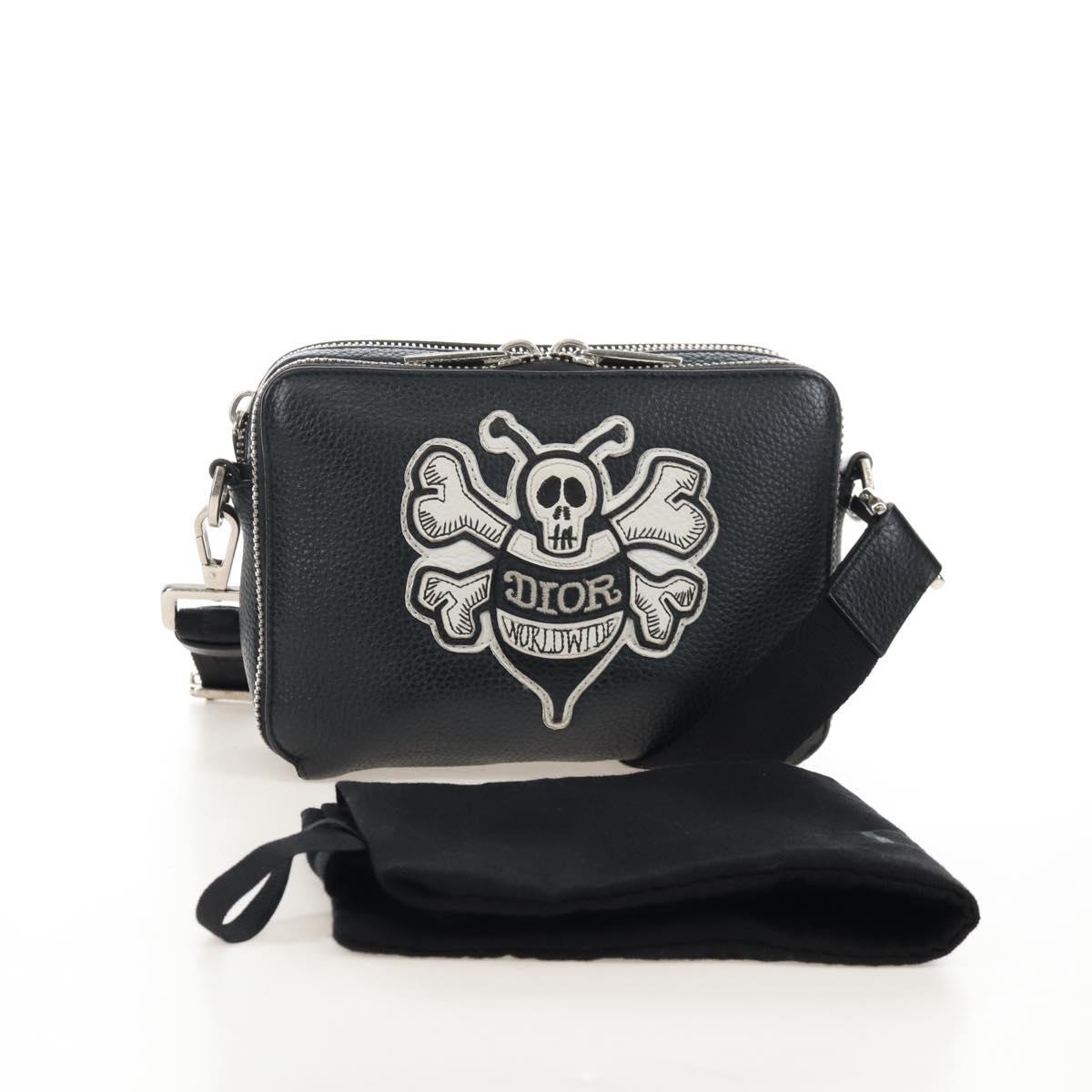 Christian Dior Shoulder Bag Leather Shawn Stussy Black Silver Auth 210852M