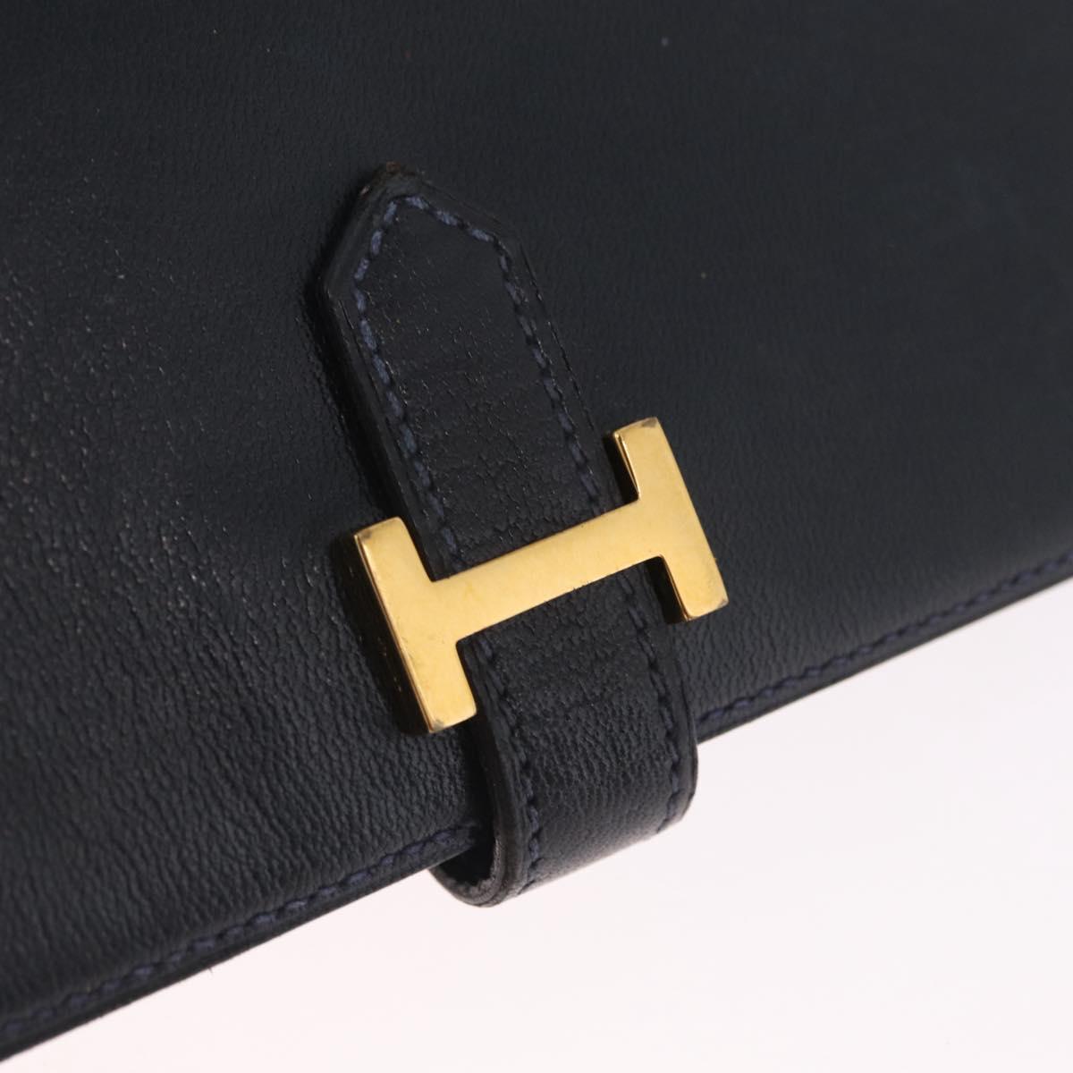 HERMES Bean Long Wallet Leather Black Gold Auth 210865A