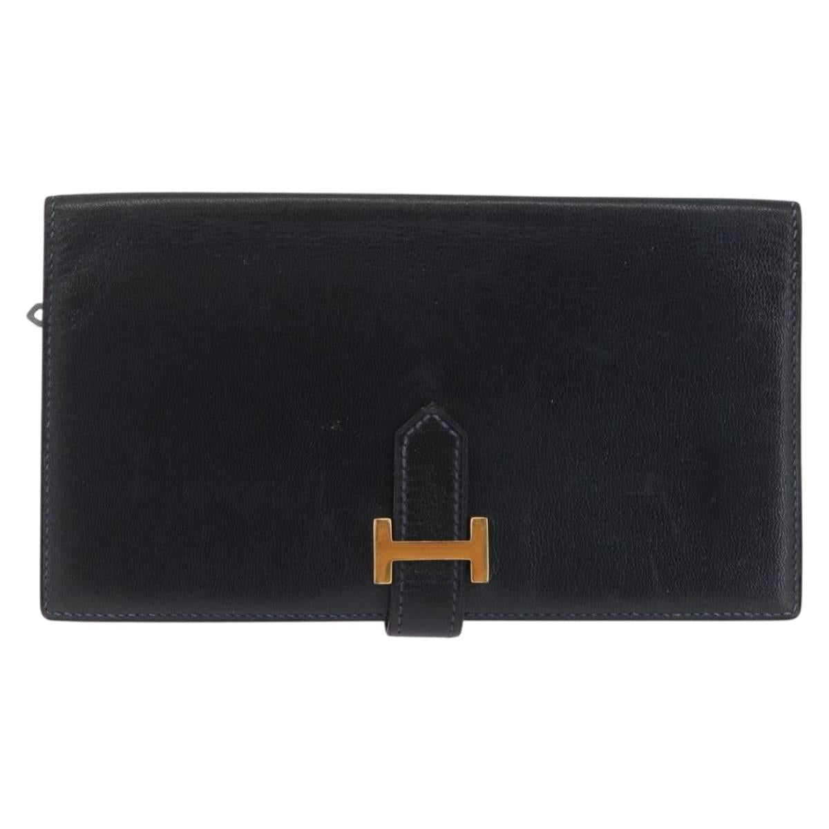 HERMES Bean Long Wallet Leather Black Gold Auth 210865A