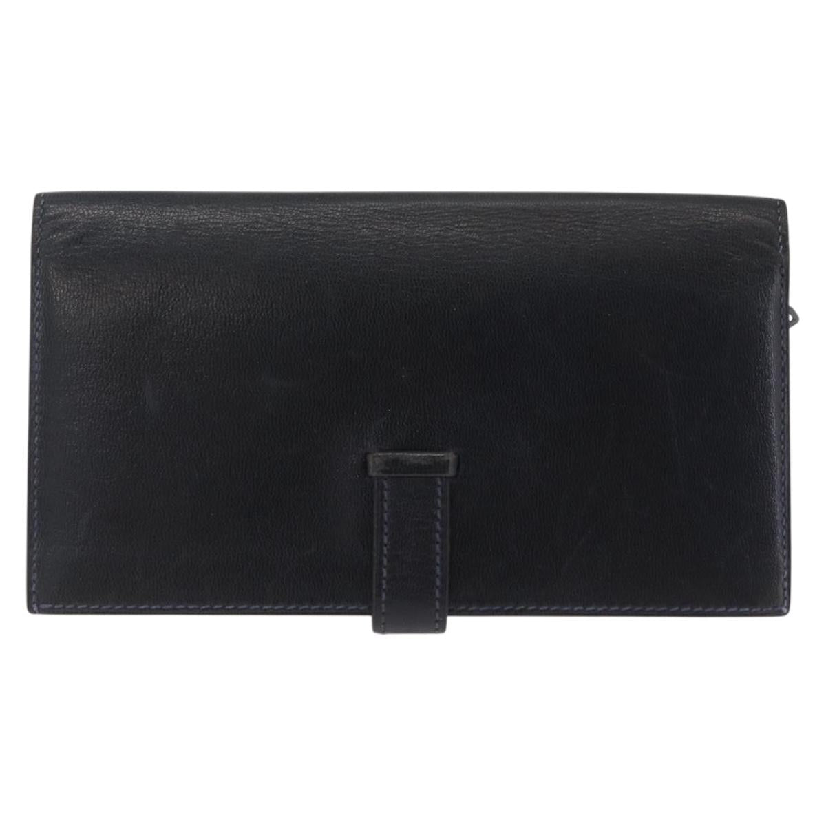 HERMES Bean Long Wallet Leather Black Gold Auth 210865A