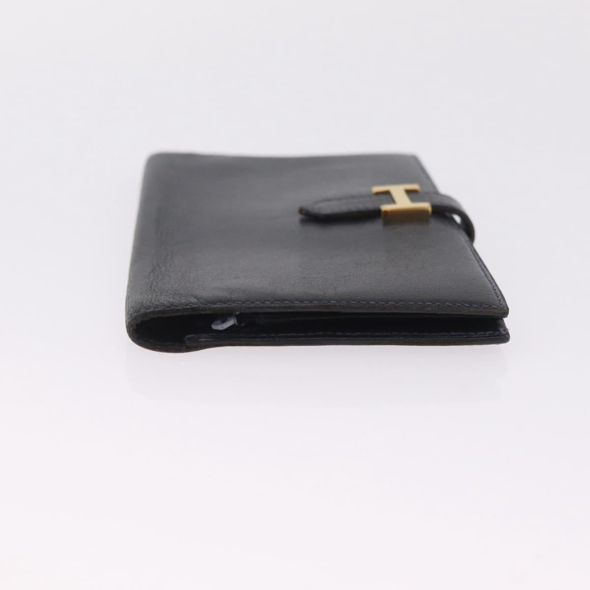 HERMES Bean Long Wallet Leather Black Gold Auth 210865A