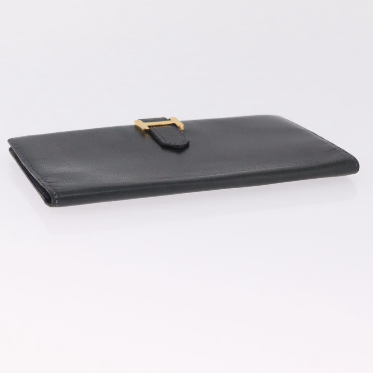 HERMES Bean Long Wallet Leather Black Gold Auth 210865A