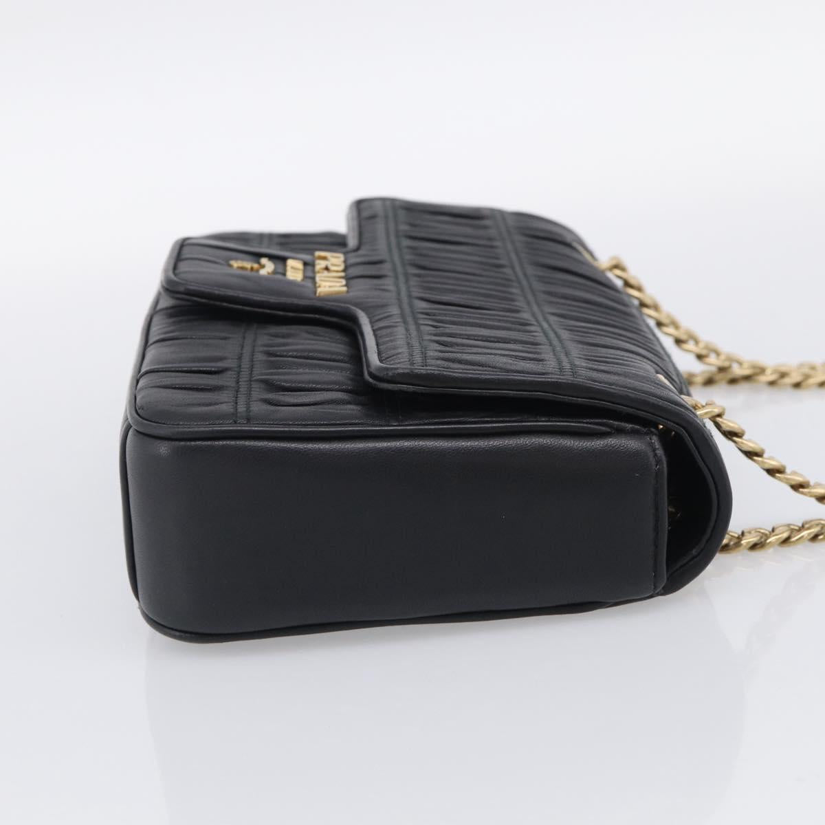 PRADA Gathered Chain Shoulder Bag Leather Black Gold Tone Auth 210874V