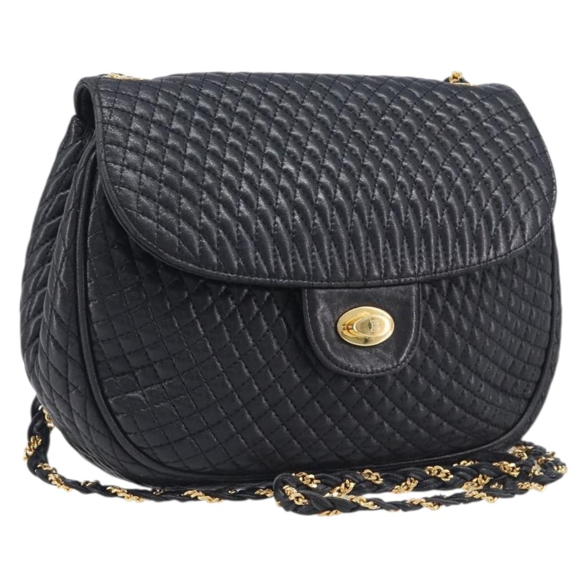 Bally Chain Shoulder Bag Leather Black Gold Auth 210913A