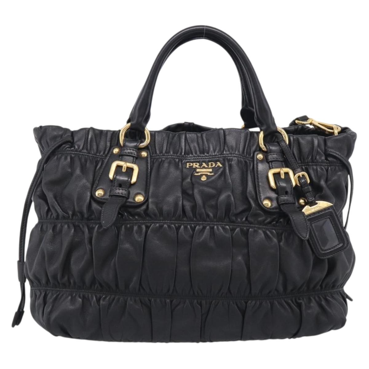 PRADA Gathered Hand Bag Leather 2way Black Gold Auth 210929V
