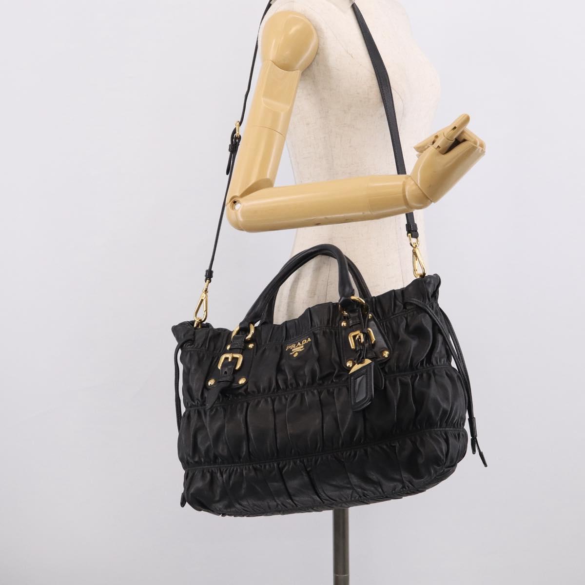 PRADA Gathered Hand Bag Leather 2way Black Gold Auth 210929V
