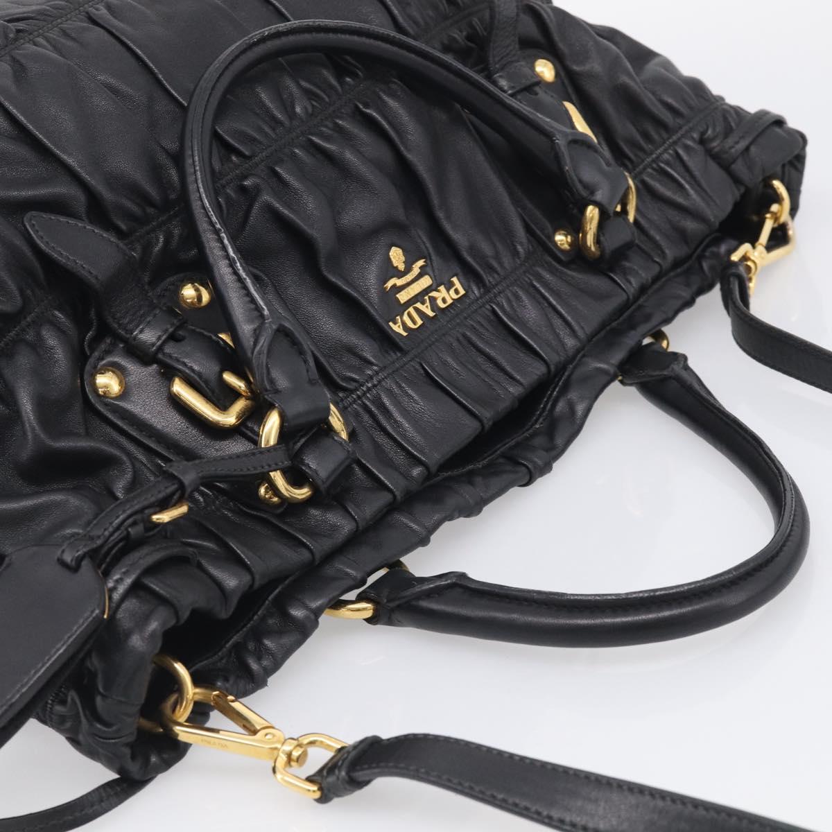 PRADA Gathered Hand Bag Leather 2way Black Gold Auth 210929V