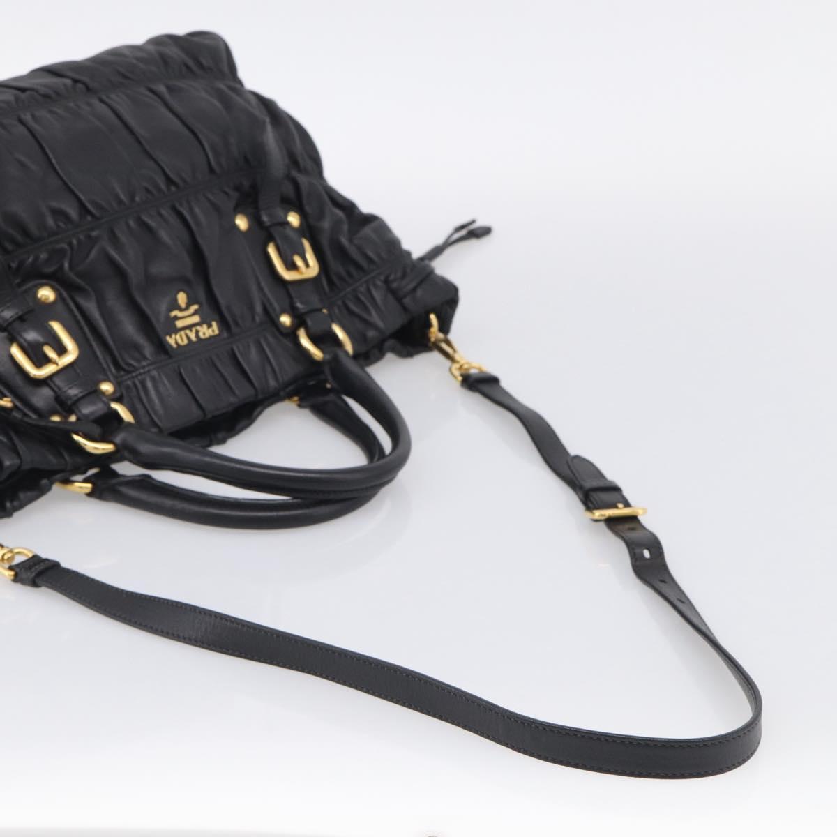 PRADA Gathered Hand Bag Leather 2way Black Gold Auth 210929V