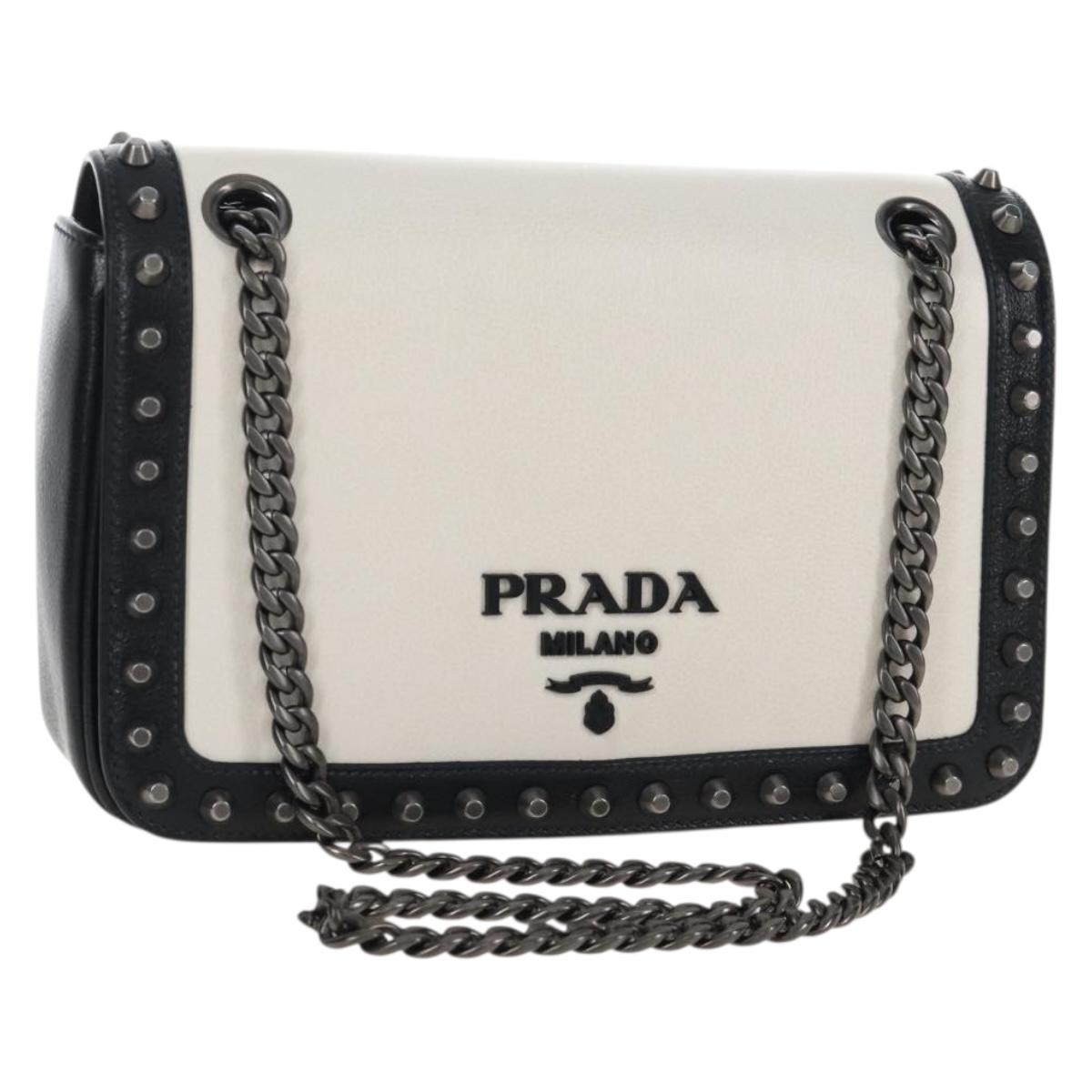 PRADA Chain Shoulder Bag Leather White Black Auth 210933V