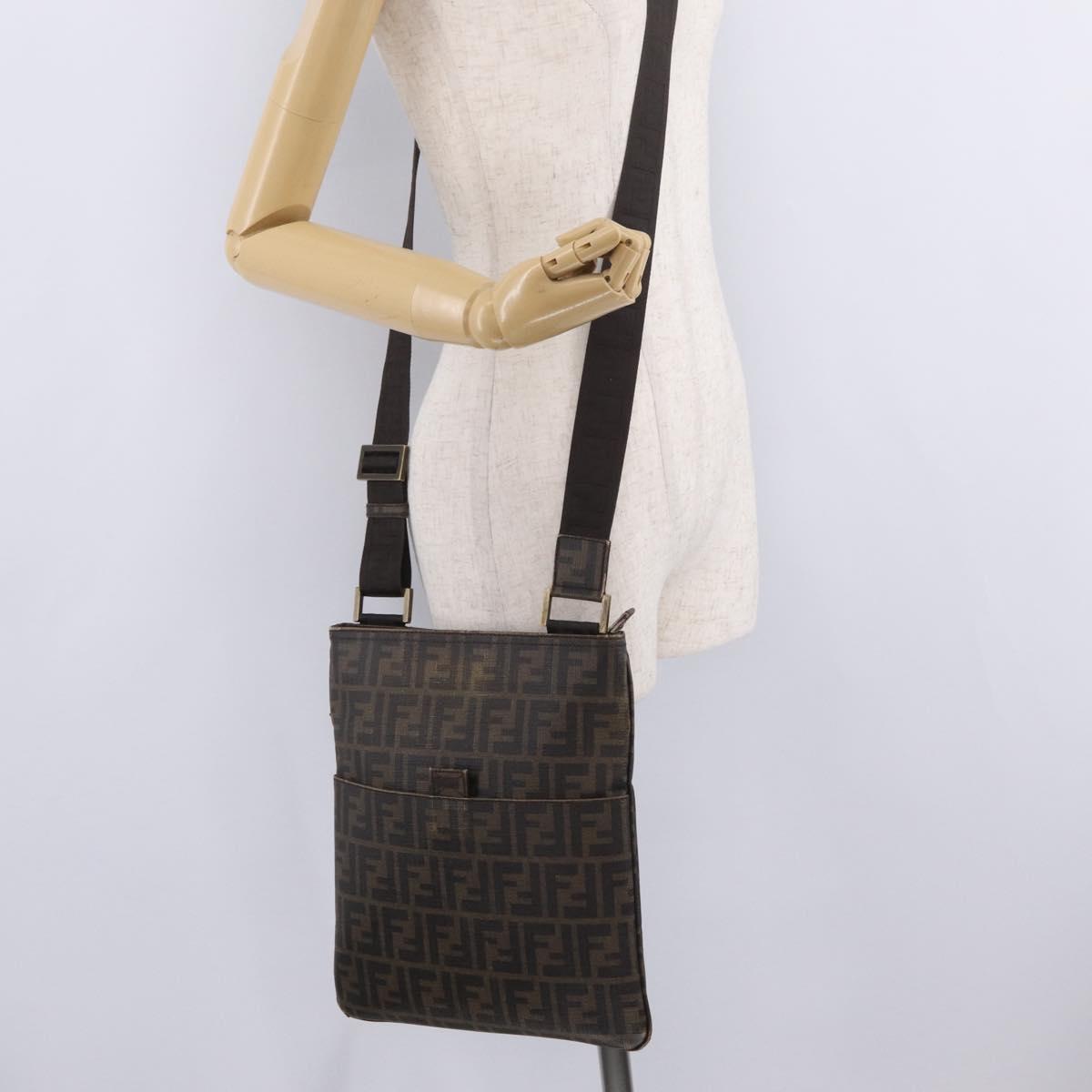 FENDI Zucca Canvas Shoulder Bag PVC Brown Black 7VA207 Auth 210935