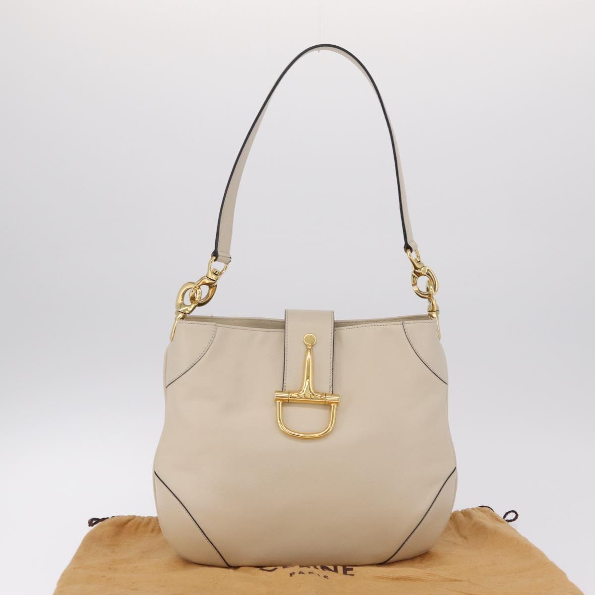 CELINE Horsebit Shoulder Bag Leather Ivory Gold Auth 210939V