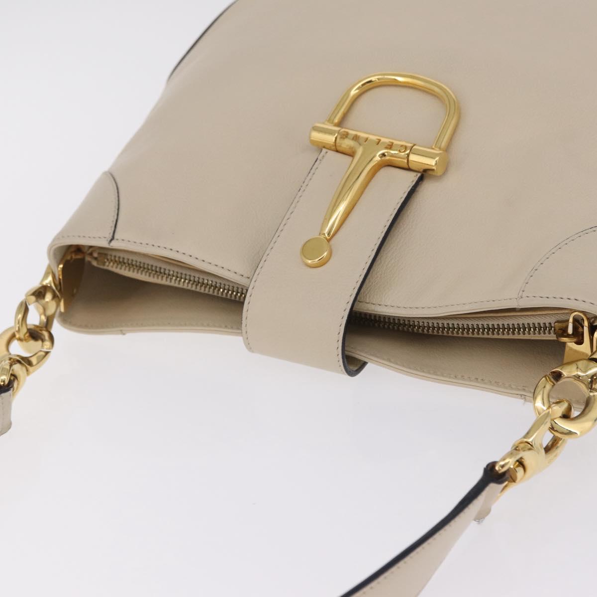 CELINE Horsebit Shoulder Bag Leather Ivory Gold Auth 210939V