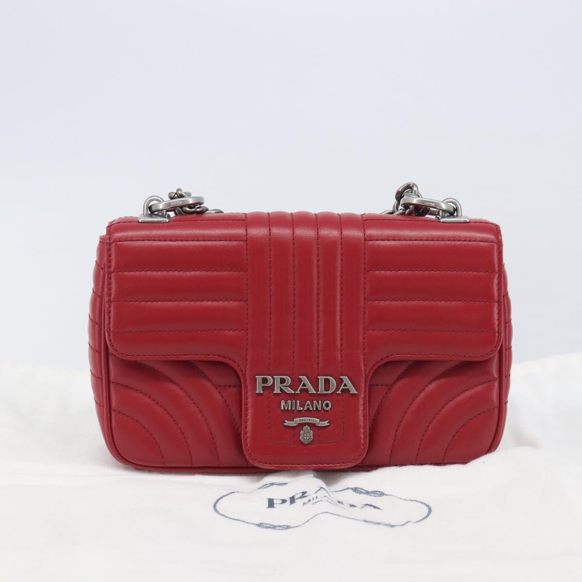 PRADA Chain Shoulder Bag Leather Red Silver Auth 210945V