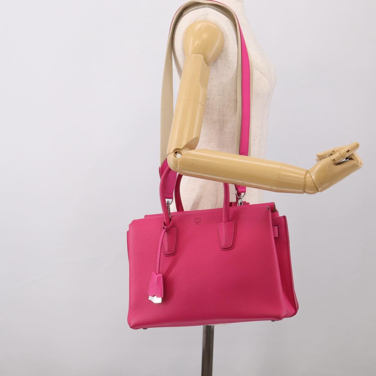 MCM Hand Bag Leather 2way Pink Silver Auth 210949A