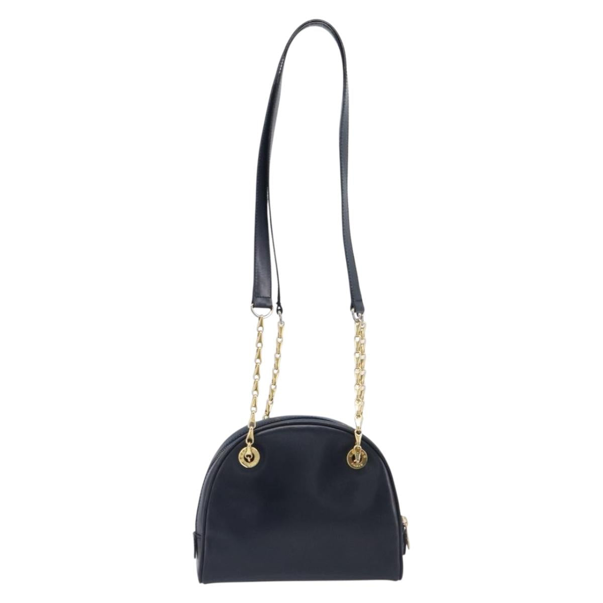 CELINE Circle Chain Shoulder Bag Leather Navy Gold Auth 210950