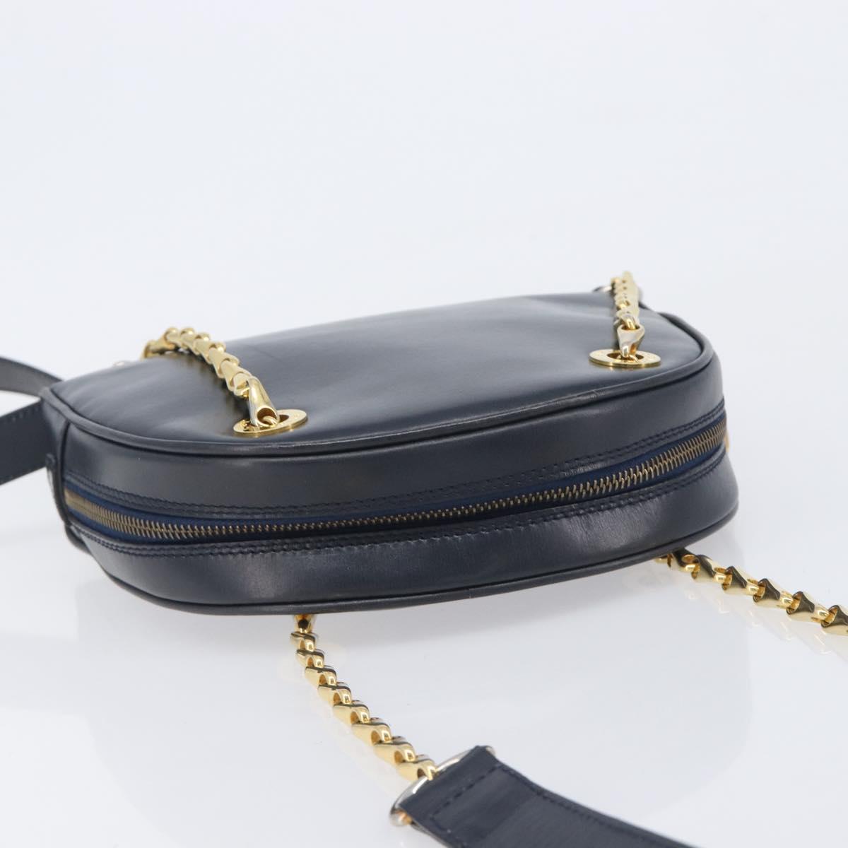 CELINE Circle Chain Shoulder Bag Leather Navy Gold Auth 210950