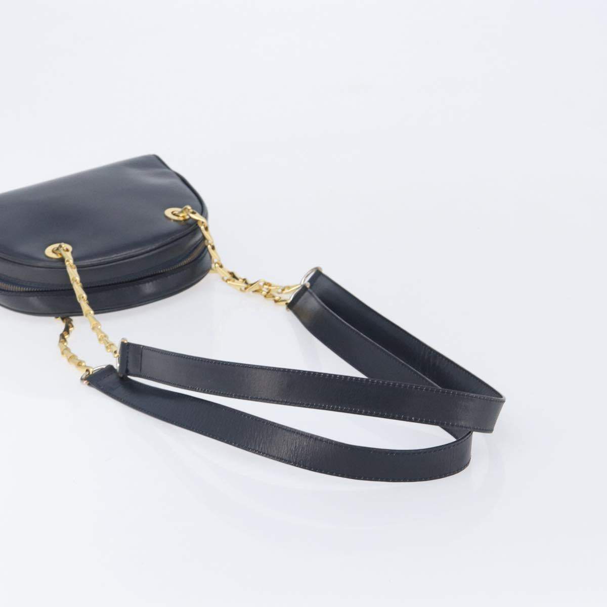 CELINE Circle Chain Shoulder Bag Leather Navy Gold Auth 210950