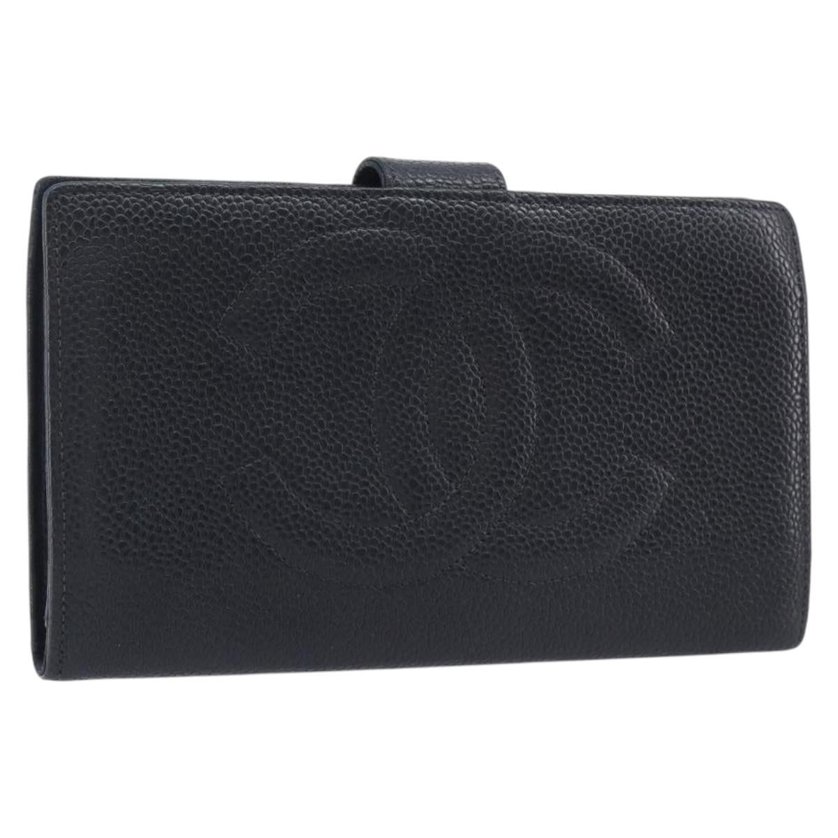 CHANEL Matelasse Long Wallet Caviar Skin Black Gold CC Auth 210957V