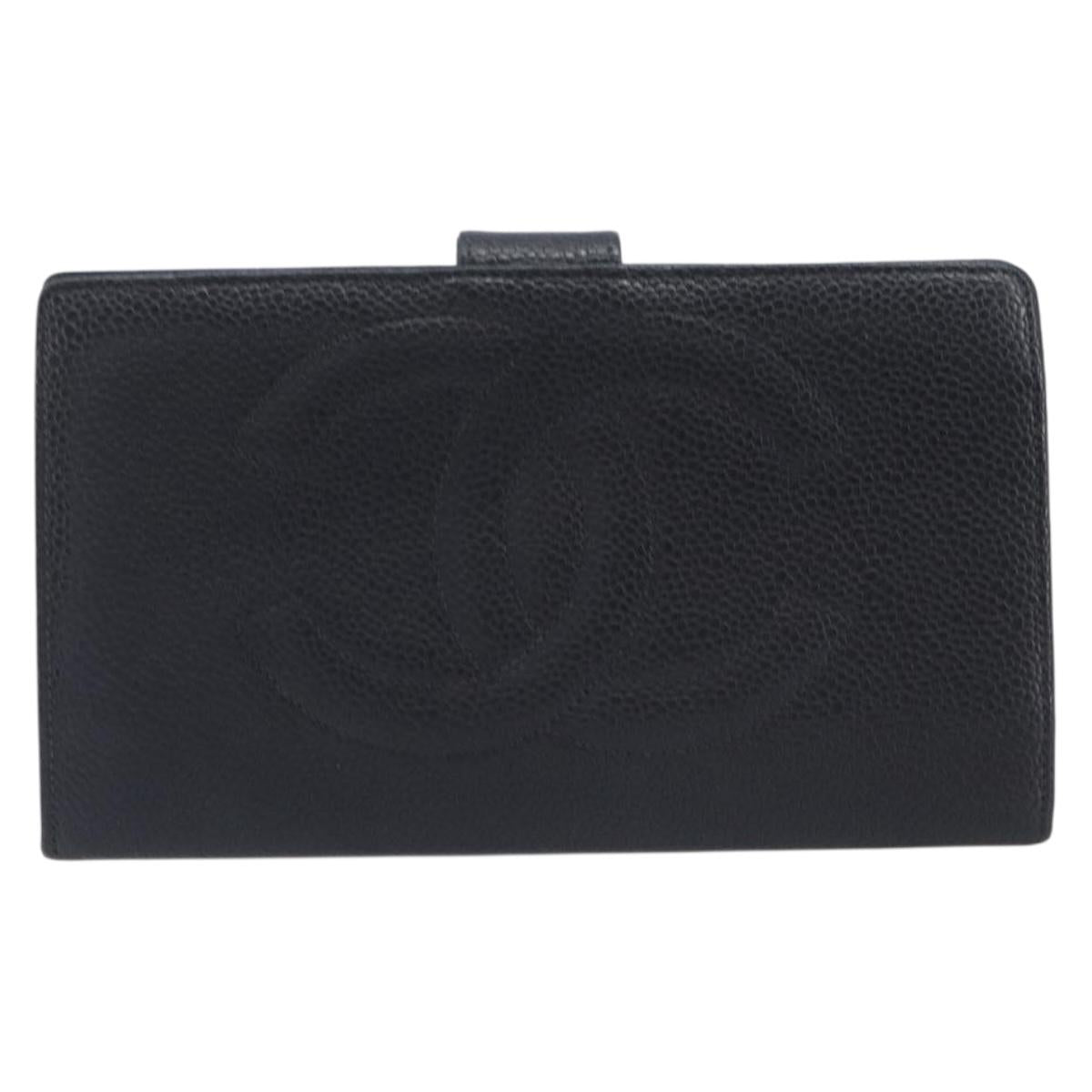 CHANEL Matelasse Long Wallet Caviar Skin Black Gold CC Auth 210957V