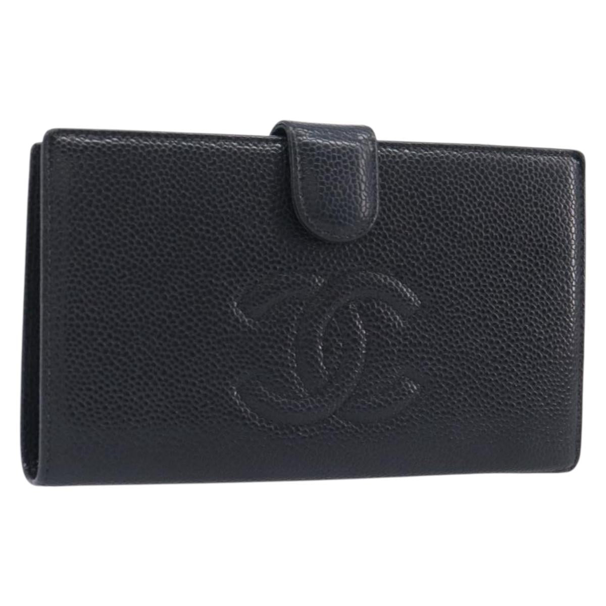 CHANEL Matelasse Long Wallet Caviar Skin Black Gold CC Auth 210958V