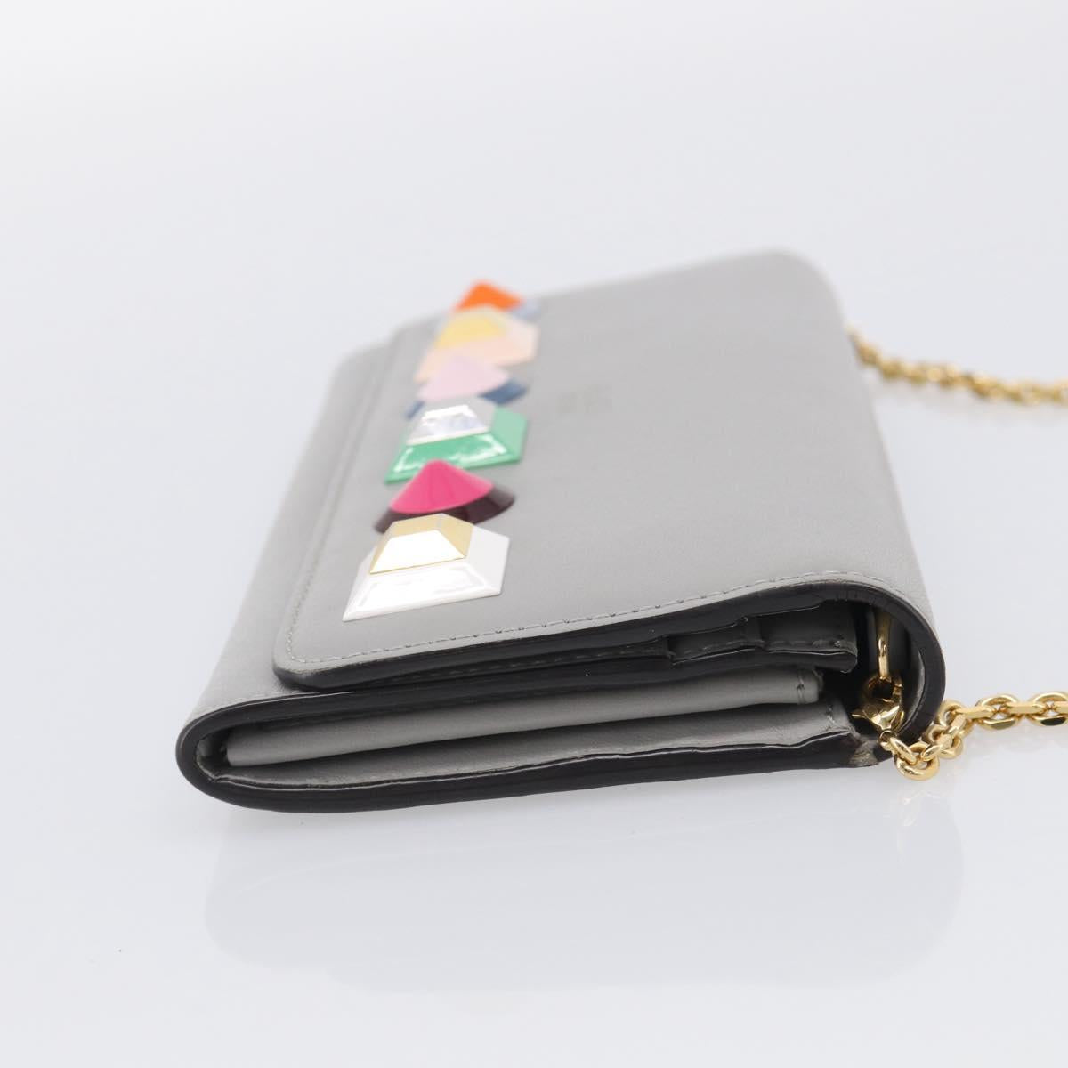 FENDI Chain Wallet Shoulder Bag Leather Gray Gold 8M0365 Auth 210972A