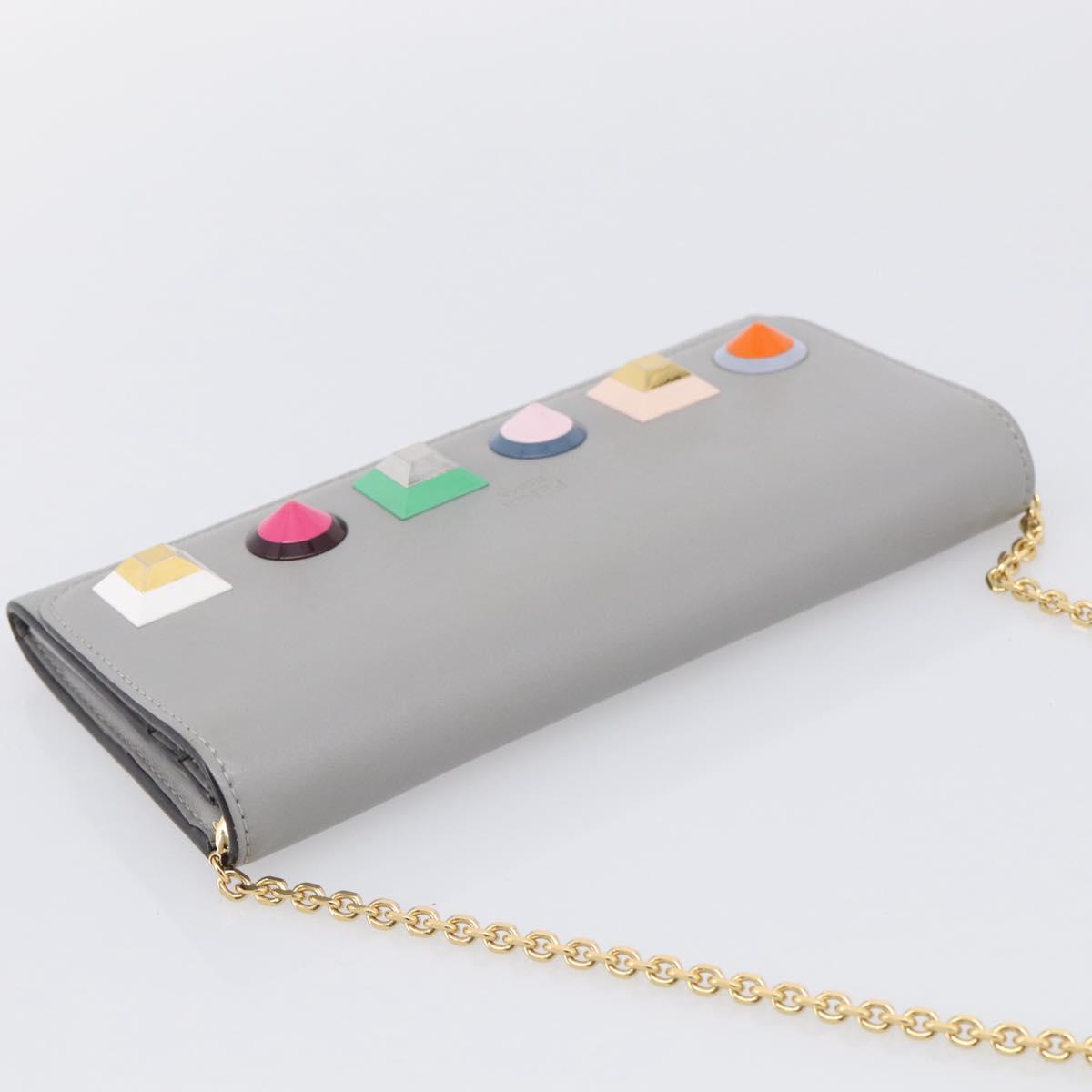 FENDI Chain Wallet Shoulder Bag Leather Gray Gold 8M0365 Auth 210972A