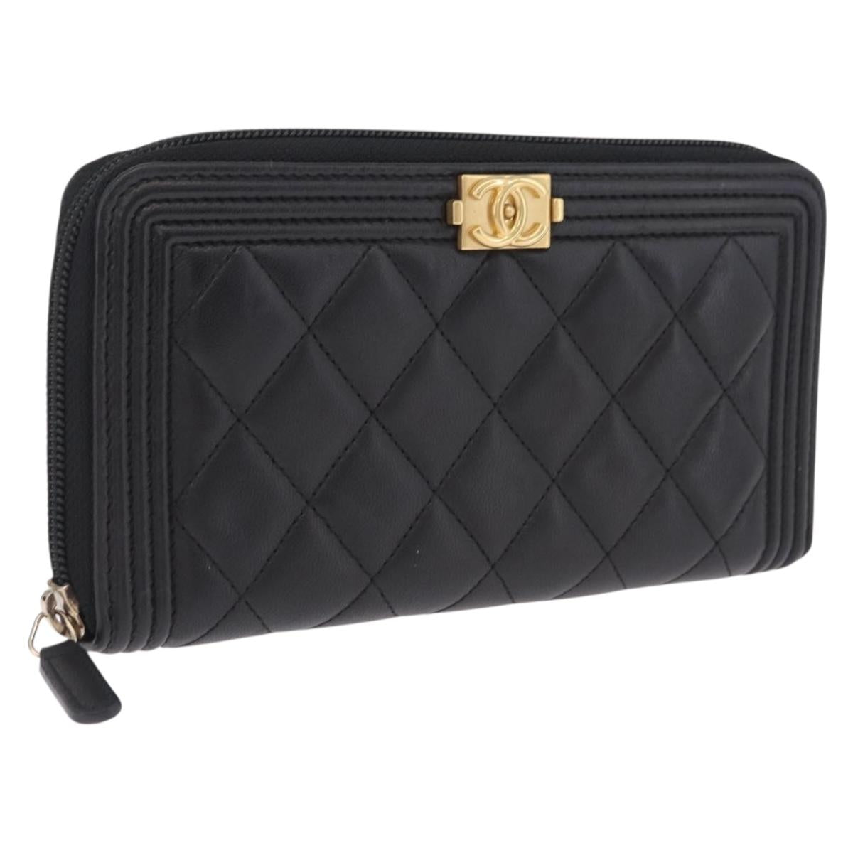 CHANEL Matelasse Boy Chanel Long Wallet Lamb Skin Black Gold CC Auth 210973M
