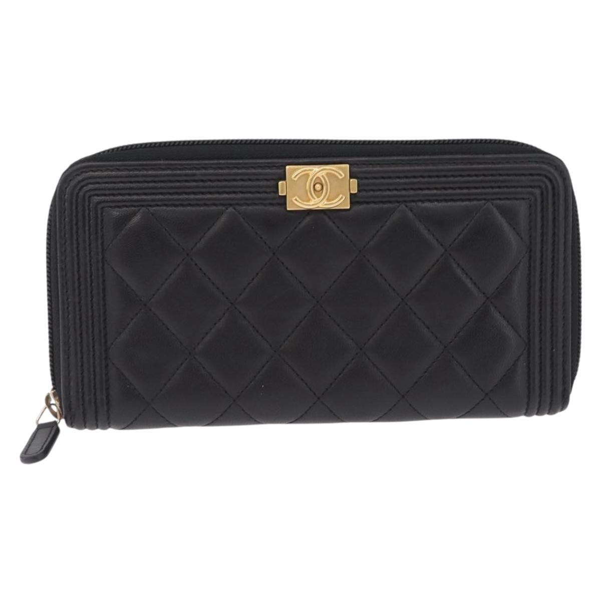 CHANEL Matelasse Boy Chanel Long Wallet Lamb Skin Black Gold CC Auth 210973M
