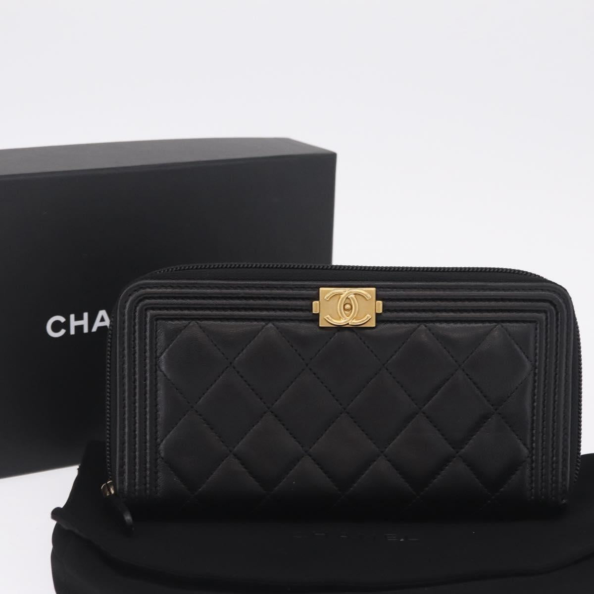 CHANEL Matelasse Boy Chanel Long Wallet Lamb Skin Black Gold CC Auth 210973M
