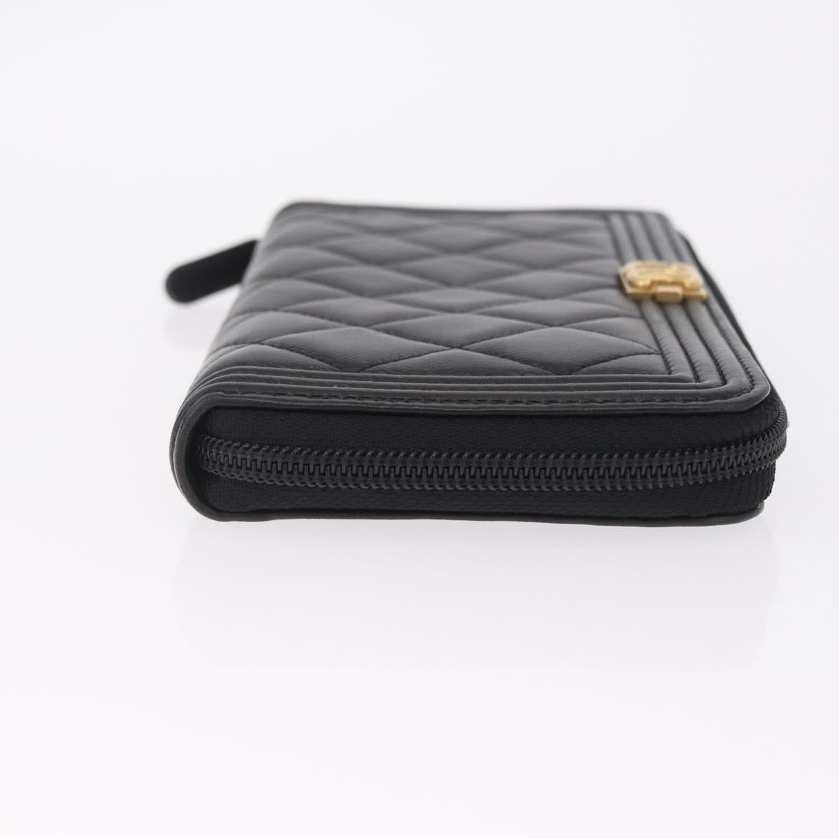 CHANEL Matelasse Boy Chanel Long Wallet Lamb Skin Black Gold CC Auth 210973M
