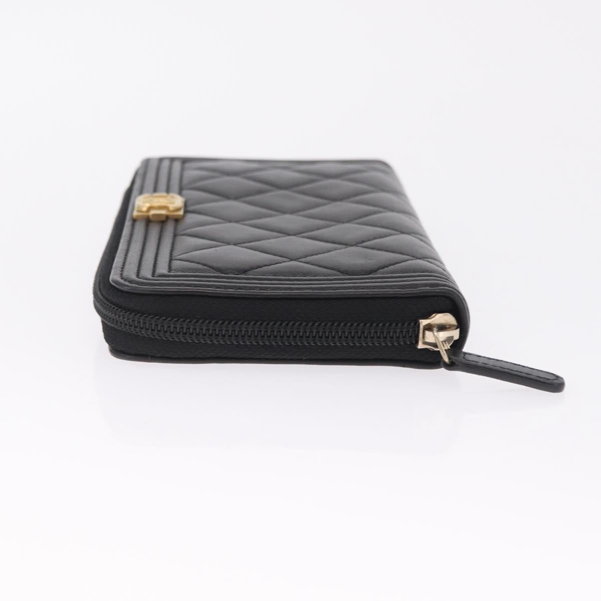 CHANEL Matelasse Boy Chanel Long Wallet Lamb Skin Black Gold CC Auth 210973M