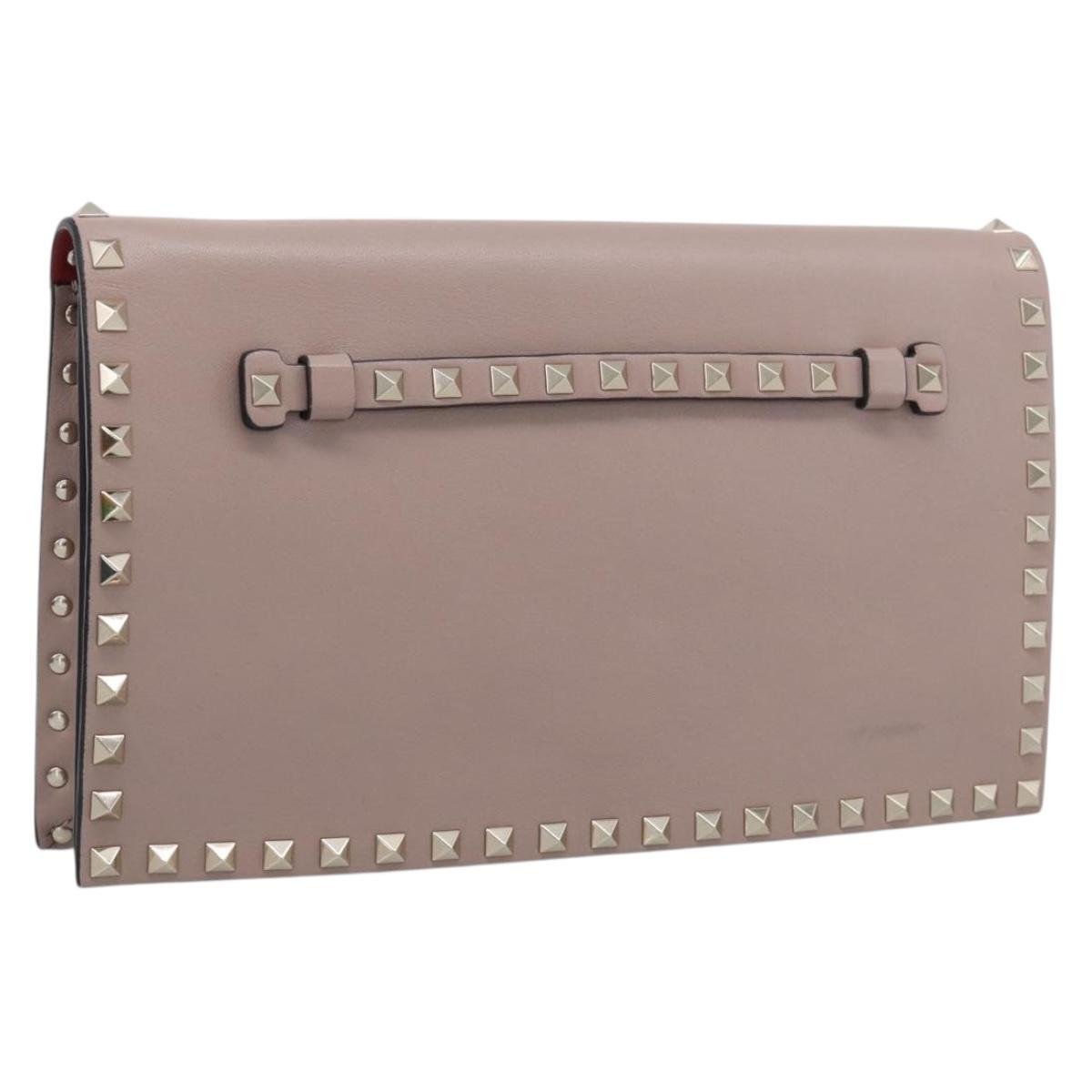 Valentino Rock Studs Clutch Bag Leather Greige Gold Tone Auth 210986