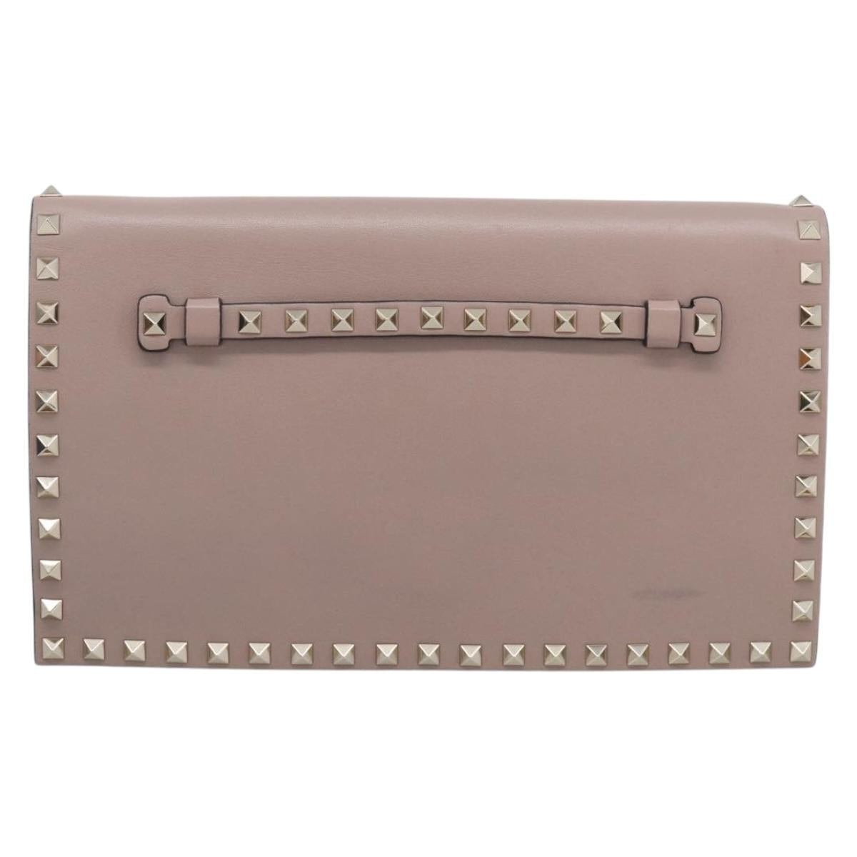 Valentino Rock Studs Clutch Bag Leather Greige Gold Tone Auth 210986