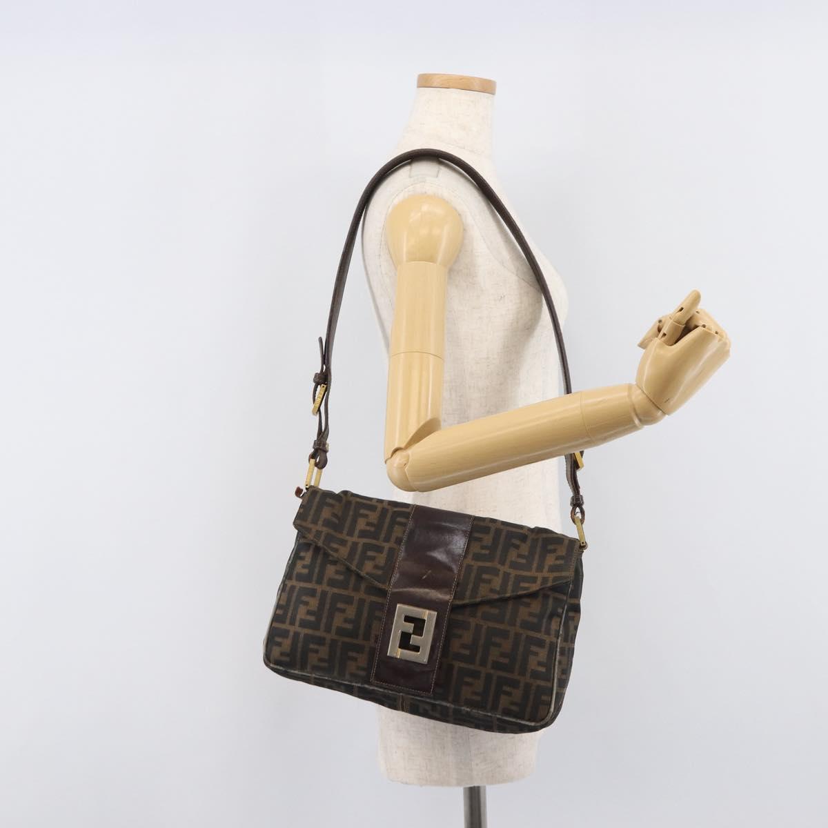 FENDI Zucca Canvas Shoulder Bag Brown Gold Tone Auth 210987