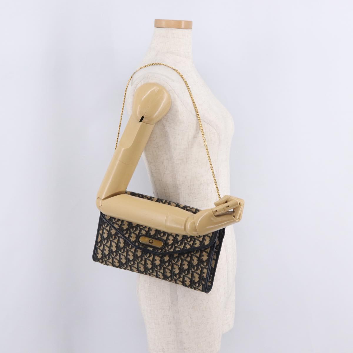Christian Dior Trotter Canvas Chain Shoulder Bag Navy Gold Tone Auth 211003