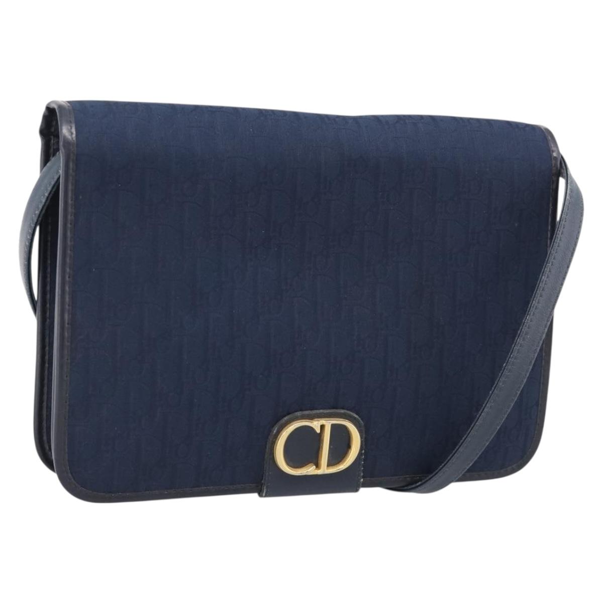 Christian Dior Trotter Canvas Shoulder Bag Navy Gold Tone Auth 211012