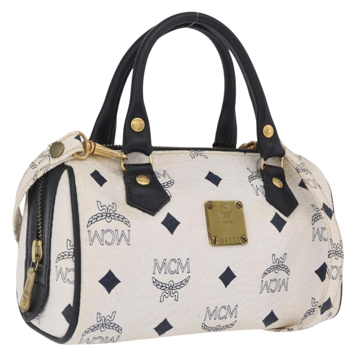 MCM Vicetos Mini Boston Bag PVC Leather 2way White Gold Tone Auth 211022