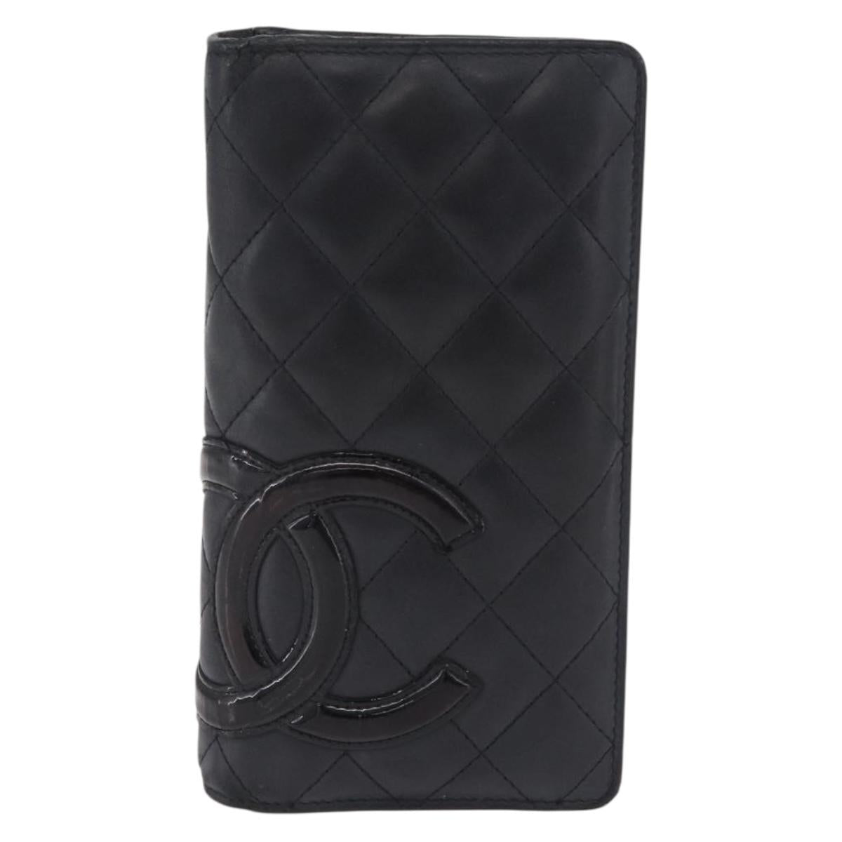 CHANEL Matelasse Cambon Line Long Wallet Lamb Skin Black Silver CC Auth 211024