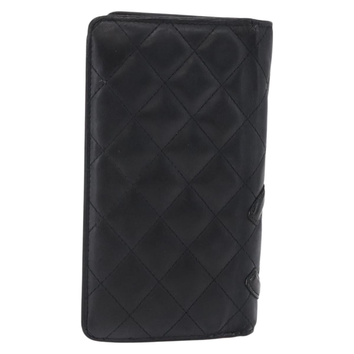 CHANEL Matelasse Cambon Line Long Wallet Lamb Skin Black Silver CC Auth 211024