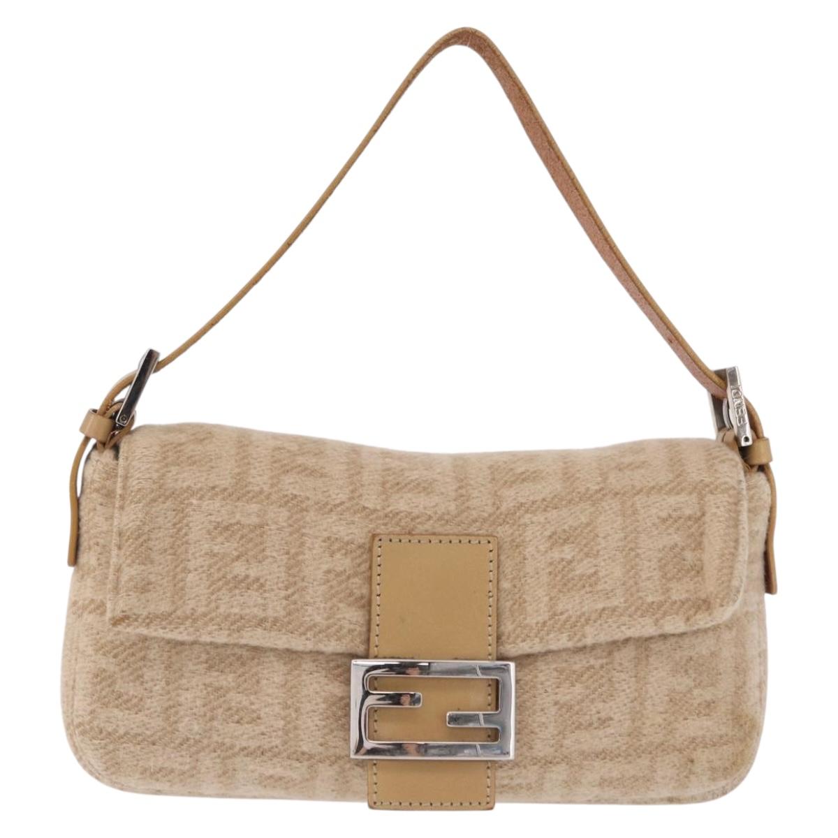 FENDI Zucca Canvas Mamma Baguette Shoulder Bag Wool Beige Silver Auth 211029V
