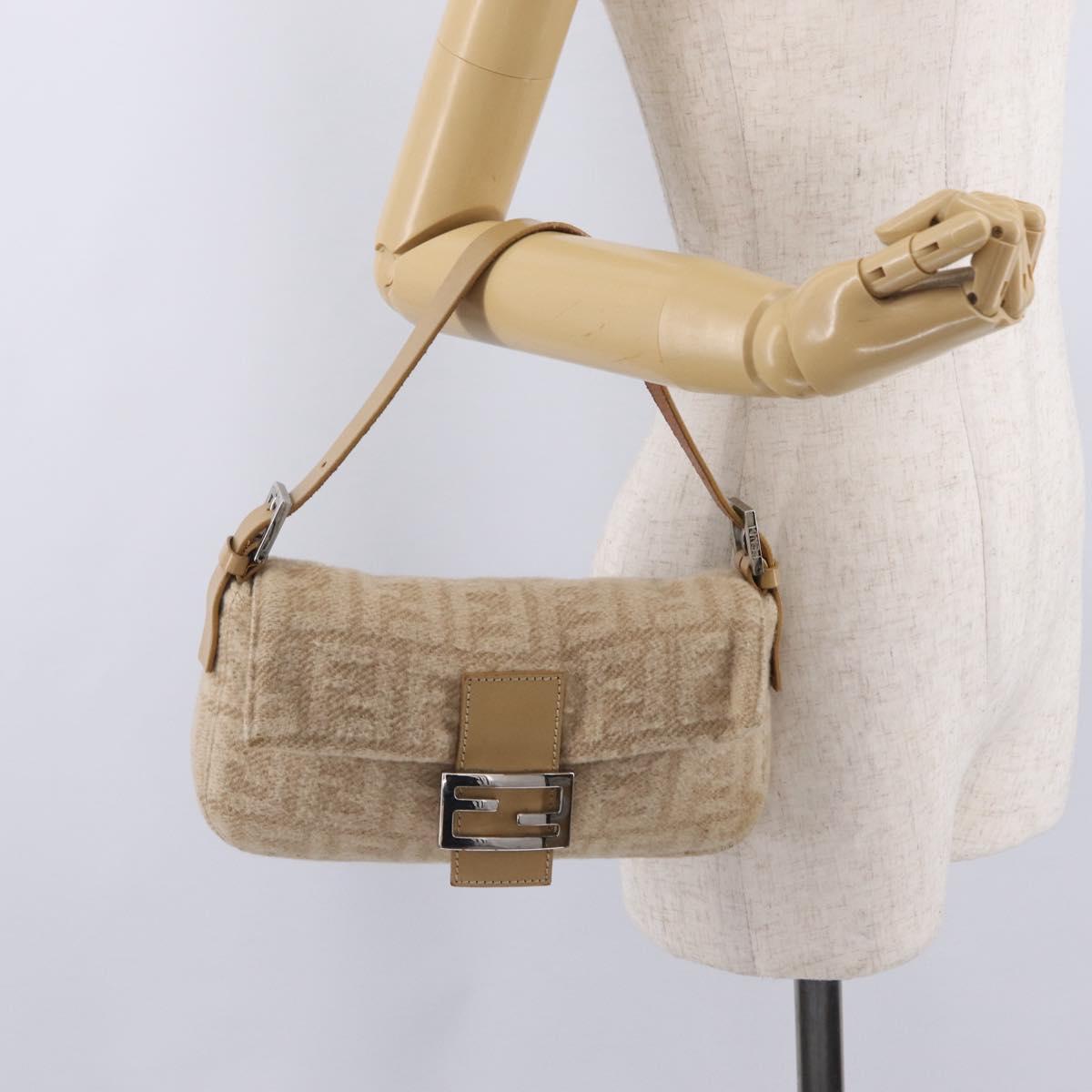 FENDI Zucca Canvas Mamma Baguette Shoulder Bag Wool Beige Silver Auth 211029V