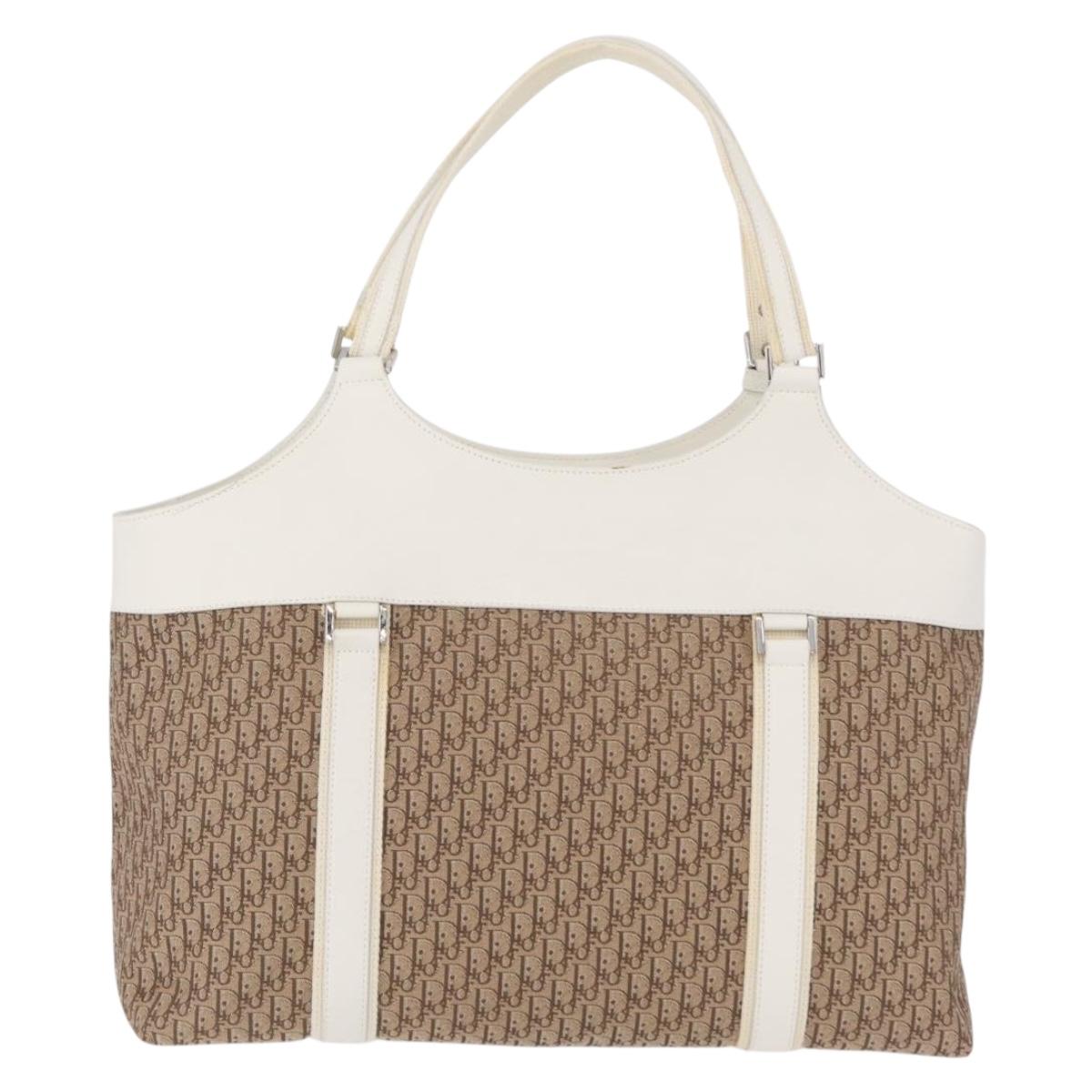 Christian Dior Trotter Canvas Tote Bag Beige Silver Auth 211034V