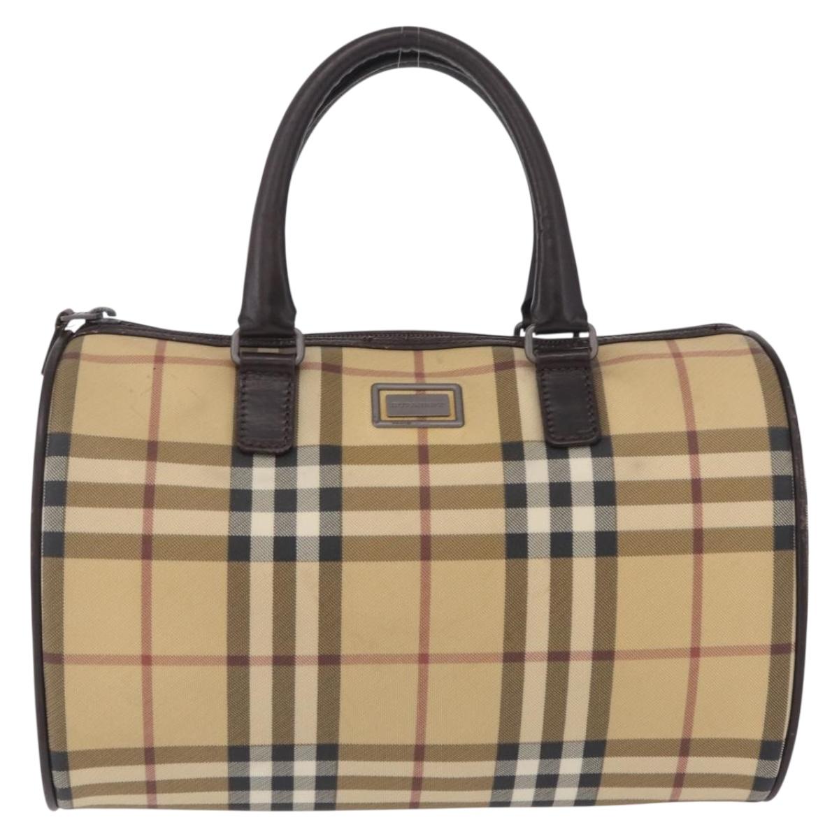 BURBERRY Nova Check Boston Bag PVC Beige Silver Auth 211035