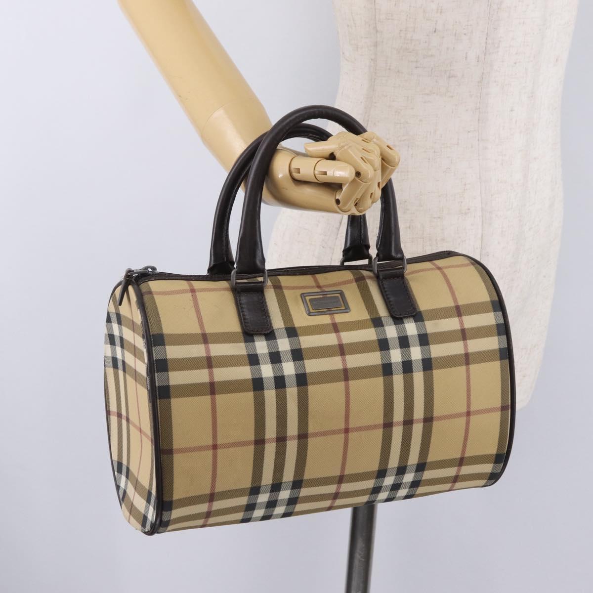 BURBERRY Nova Check Boston Bag PVC Beige Silver Auth 211035