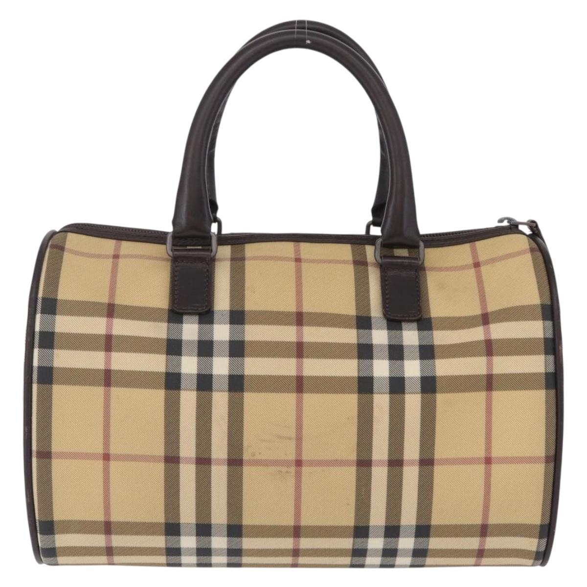 BURBERRY Nova Check Boston Bag PVC Beige Silver Auth 211035