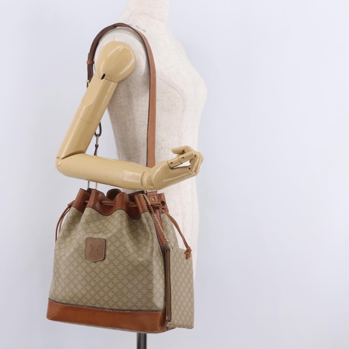 CELINE Macadam Shoulder Bag PVC Beige Gold Tone Auth 211036